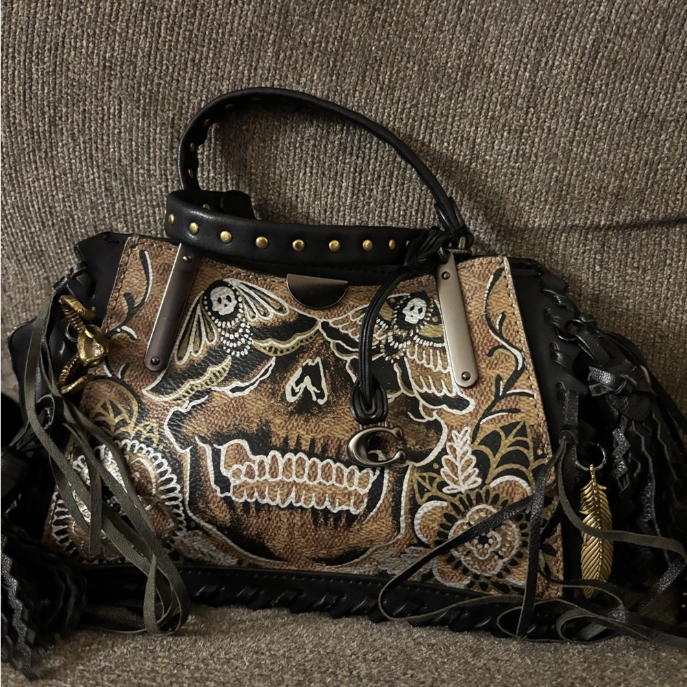 Designer Skull Motif Shoulder Bag - Black and Brown